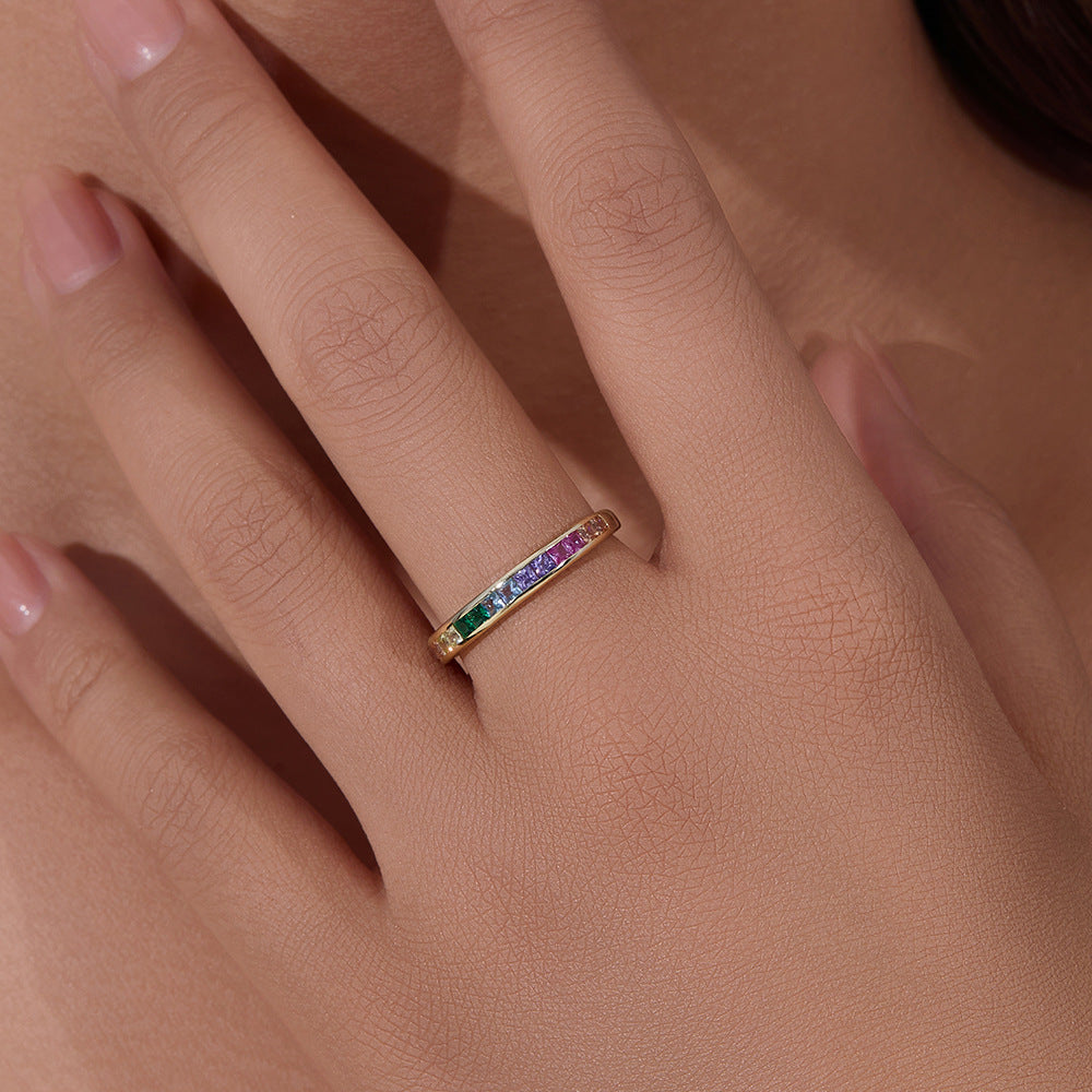 Accessories S925 Sterling Silver Micro-Inlaid Square Rainbow Zircon Ring Jewelry