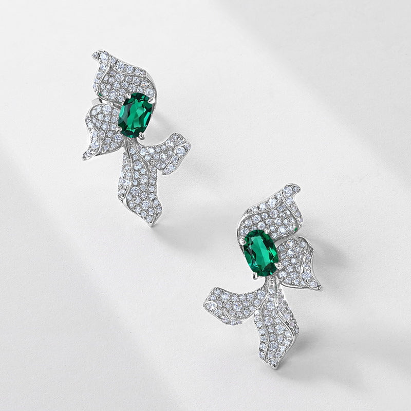 S925 Sterling Silver Lab-Grown Emerald Flower Stud Earrings