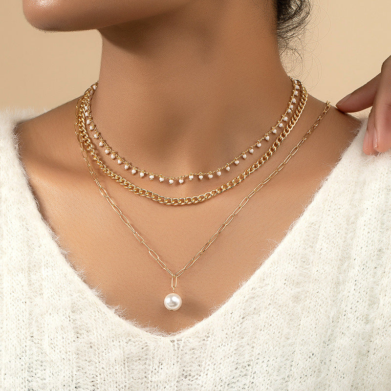 Luxurious Pearl Stacked Necklace Set with Simple Clavicle Chain - Vienna Verve Collection