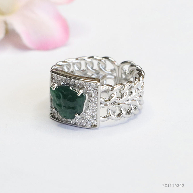 Blue-Water Jadeite Tiger Head Ring