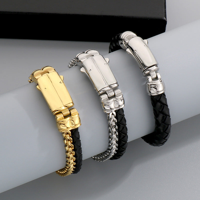 Stylish & Double-Layer Spliced Leather Bracelet – Vacuum Electroplated Spring Buckle