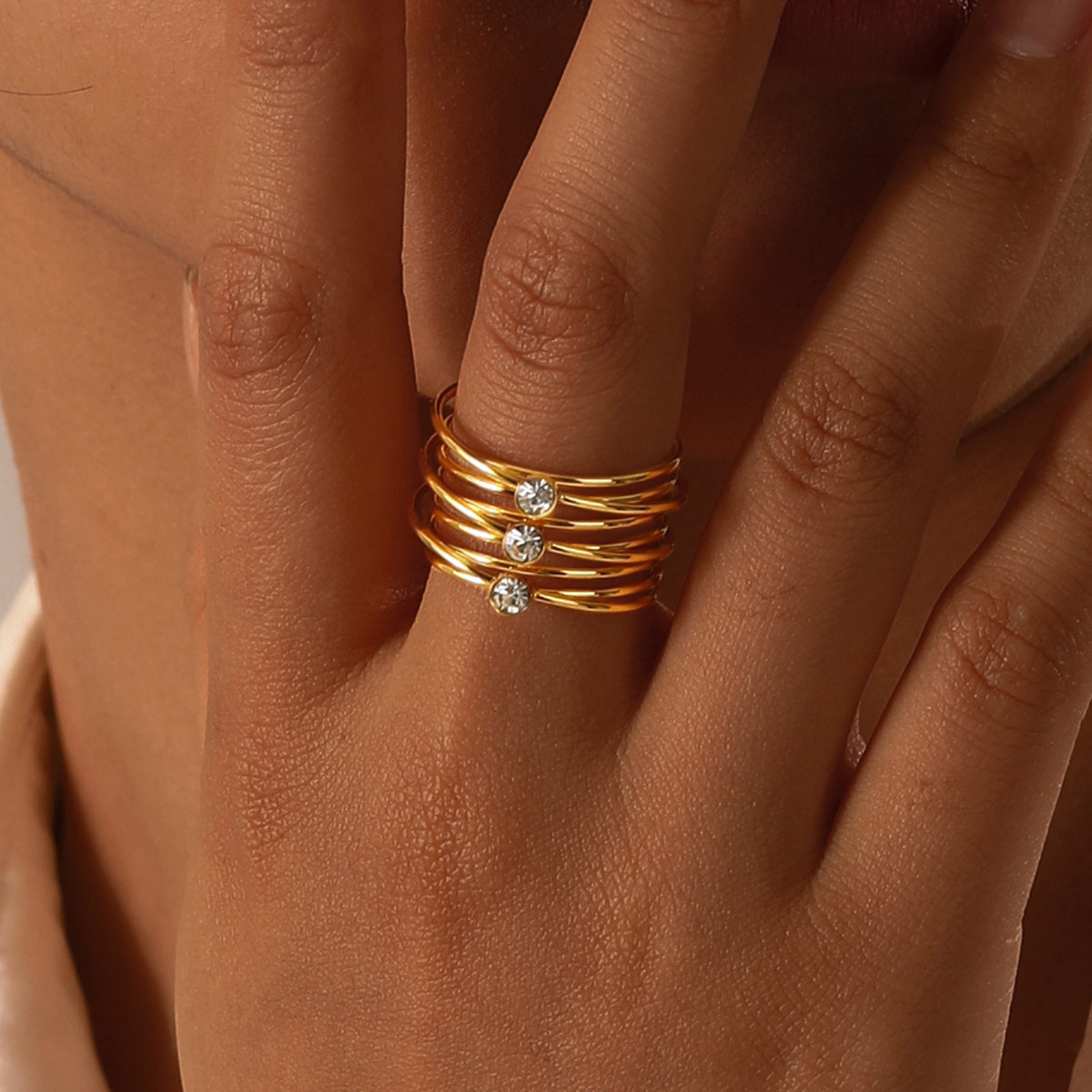 Stainless Steel Multi-Layer Line Round Zircon Ring Women's Gold