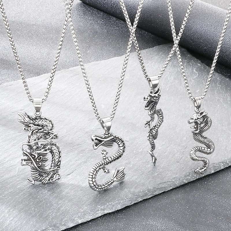 Feilong Direct Sales Titanium Steel, National Retro Zodiac Dragon Stainless Steel Men's Pendant Necklace