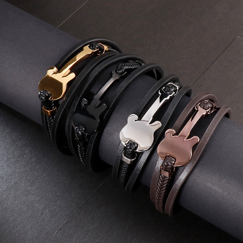 Planderful Titanium Steel Mini Guitar Leather Bracelet Men