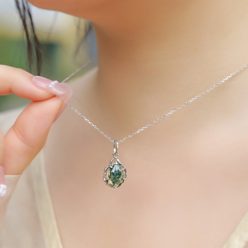 Planderful Jewelry Minimalist Green Moss Agate Pendant Necklace In Sterling Silver Geometric Clavicle Chain