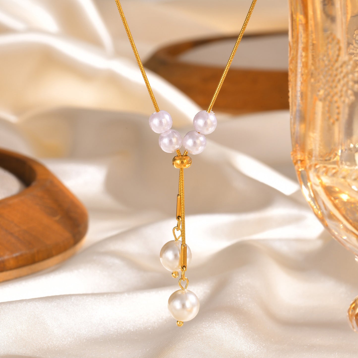Stainless Steel Round Snake Chain Imitation Pearl Y-Shaped Adjustable Gold Necklace