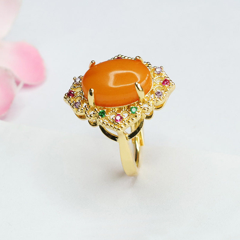 Colorful Zircon Ruyi Ring Needle Sterling Silver Beeswax Amber Ring