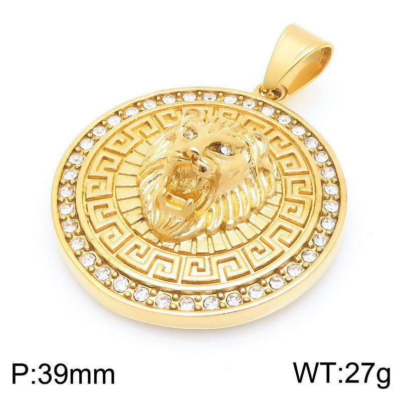 Planderful Zircon Lion Head Pendant Men Hip Hop Compass
