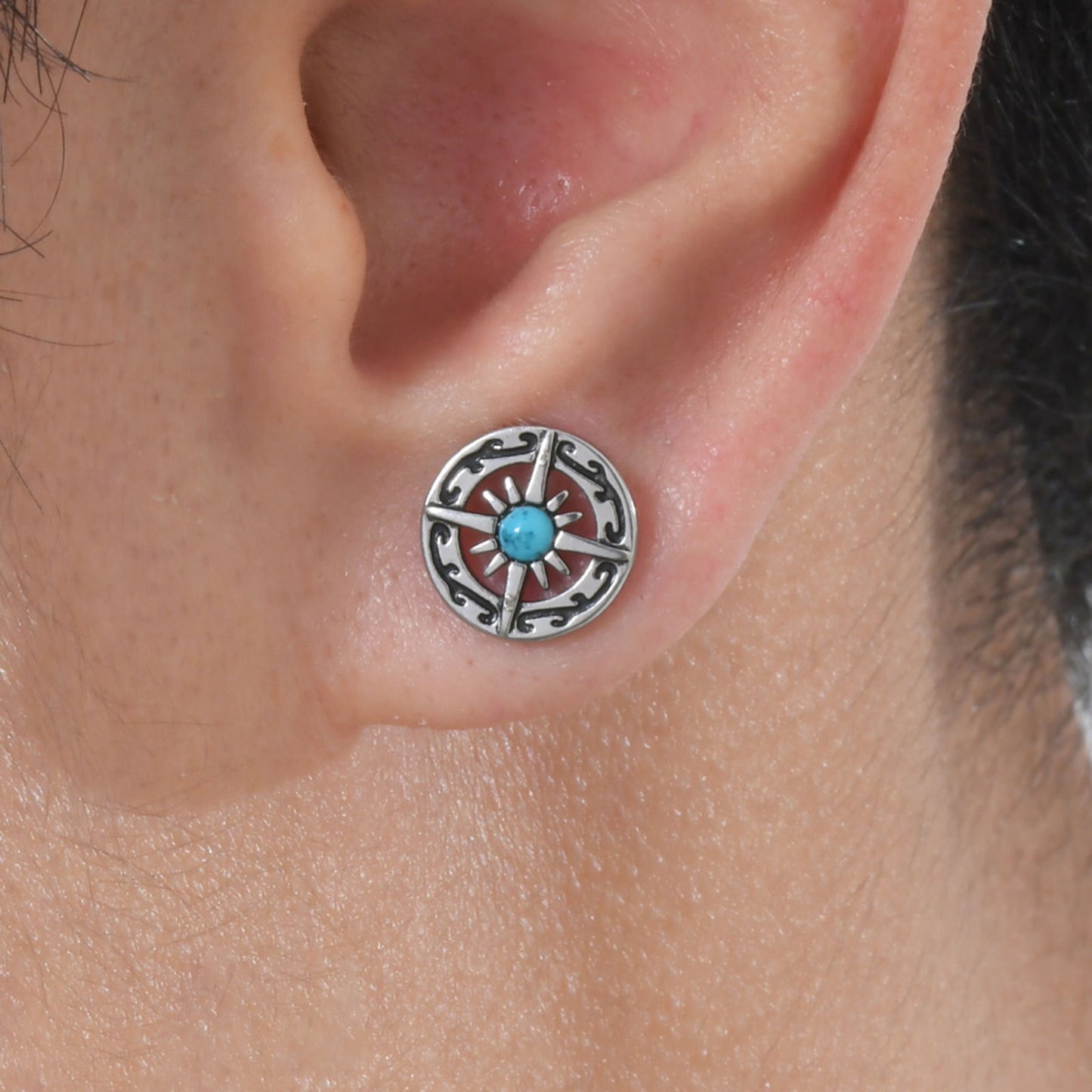 Planderful Turquoise Compass Stud Earrings Stainless For Men