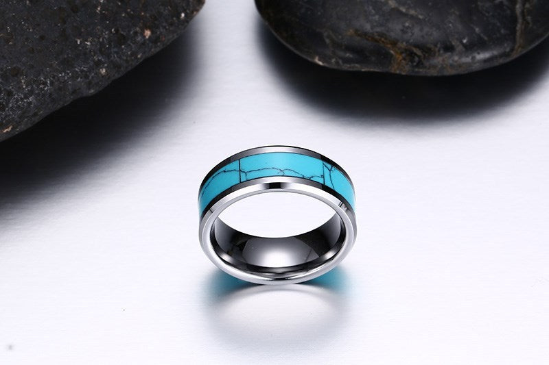 Tungsten Steel Ring Gold Flat Edge Turquoise Wholesale Men