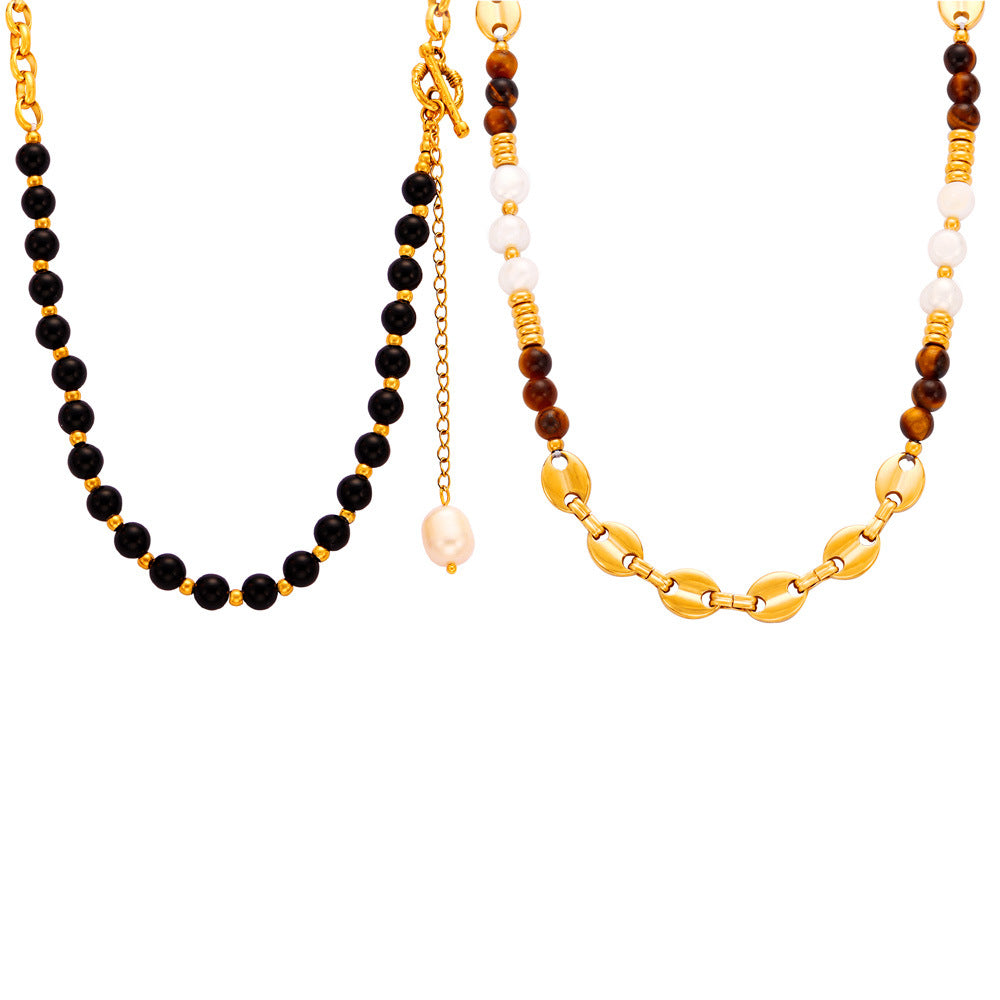 Luxurious Handmade Tiger's Eye and Pearl Beaded Necklace with Palace Style Titanium Steel Gold-Plating