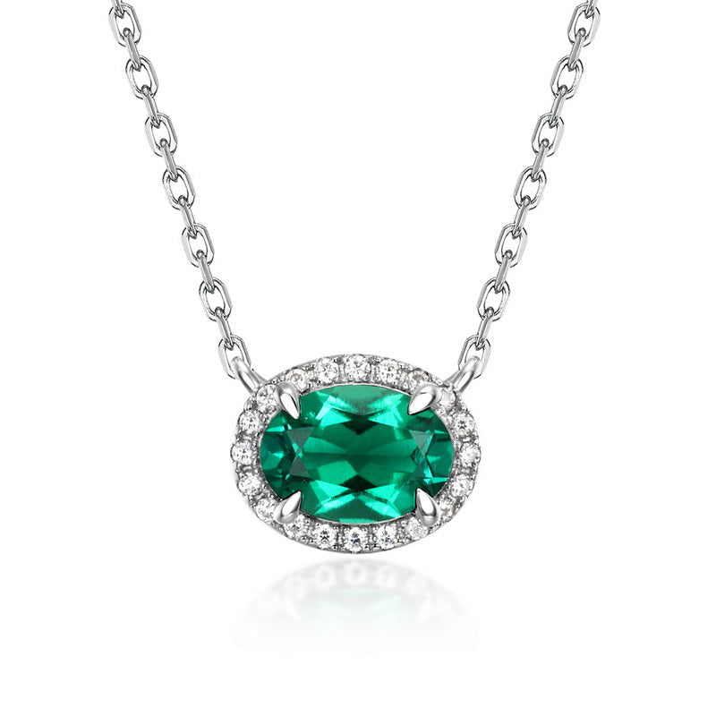 S925 Sterling Silver Lab-Grown Emerald Oval Vintage-Inspired Necklace