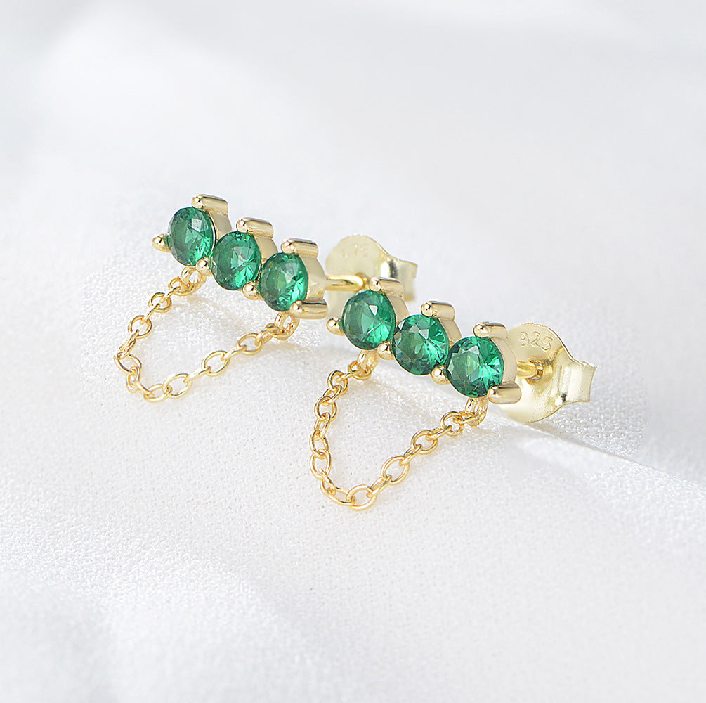 S925 Sterling Silver Grandmother Green Zircon Stud Earrings Chain Fringed Earrings Trendy Earrings