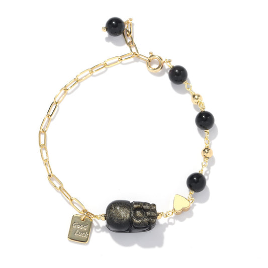Natural Obsidian Pixiu Wealth Attracting Sterling Silver Bracelet