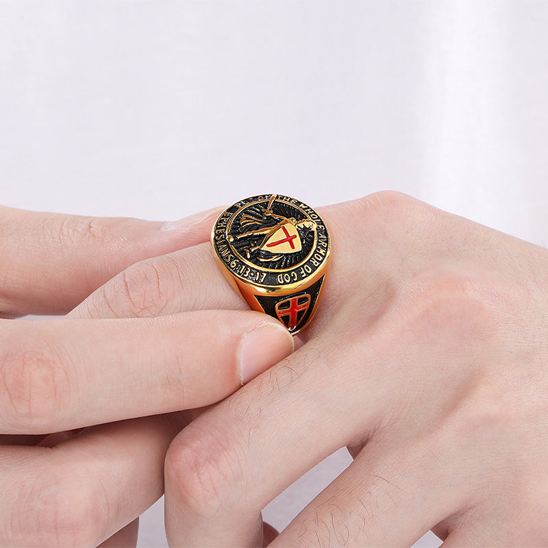 Planderful Men Epoxy Red Cross Shield Ring Hip Hop Style