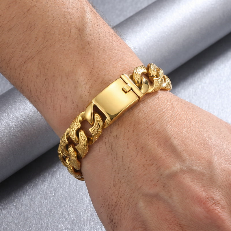 Punk National Style Men's Bracelet Double-Sided Tang Grass Pattern Thick Cuban Chain