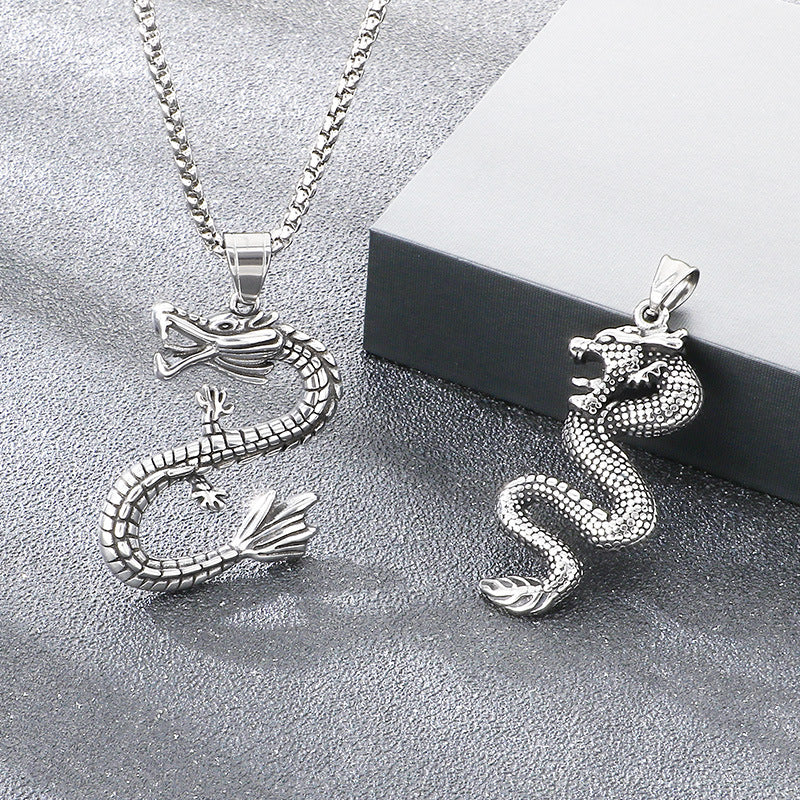 Feilong Direct Sales Titanium Steel, National Retro Zodiac Dragon Stainless Steel Men's Pendant Necklace