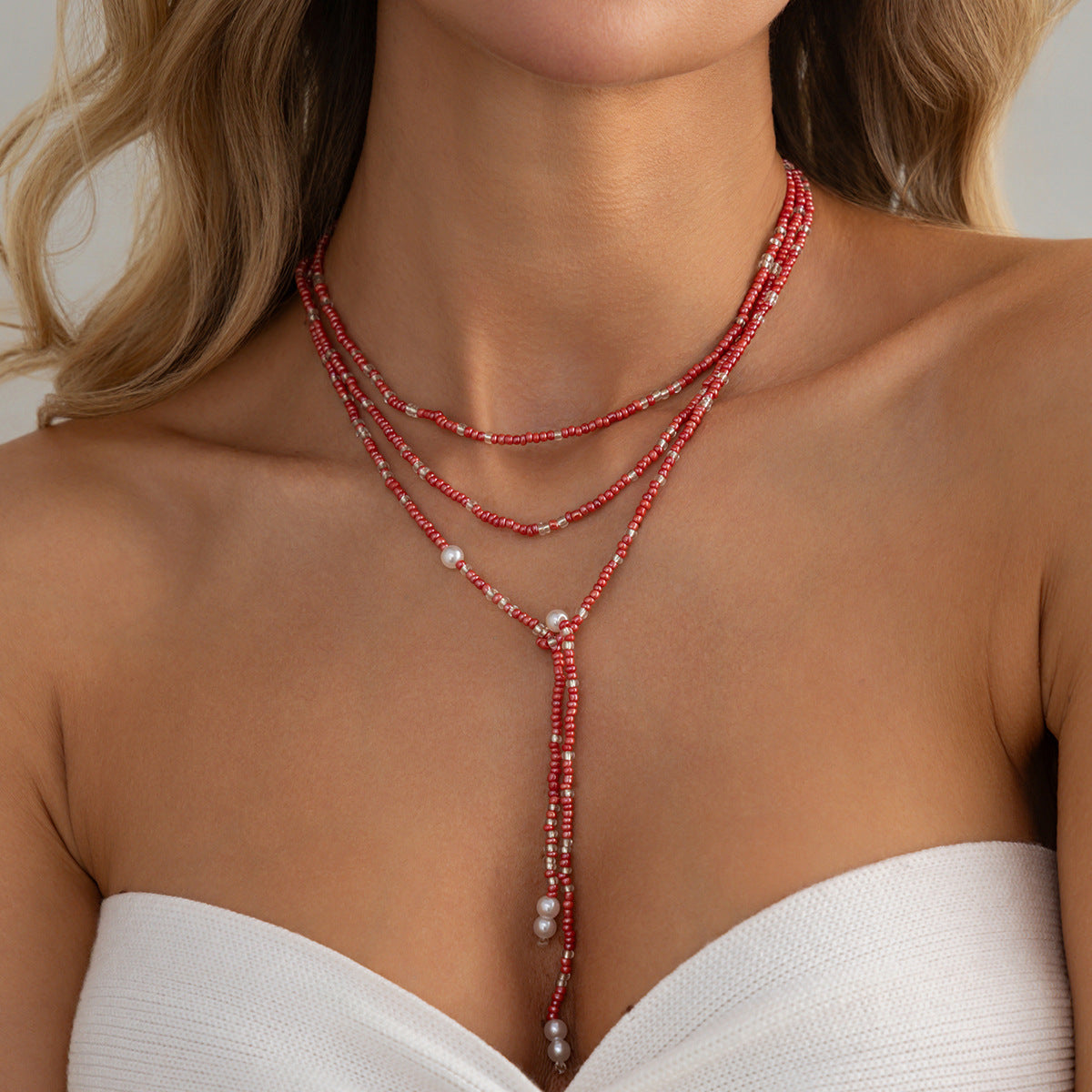 Long Winding Y-Shaped Fringed Pearl Necklace Holiday Style Red Rice Beads Beaded