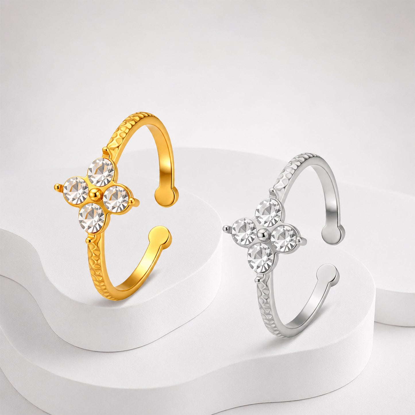 Planderful Everyday Genie Hammered Four Leaf Clover Ring Stainless Steel With Zircon Open Adjustable Unisex Jewelry