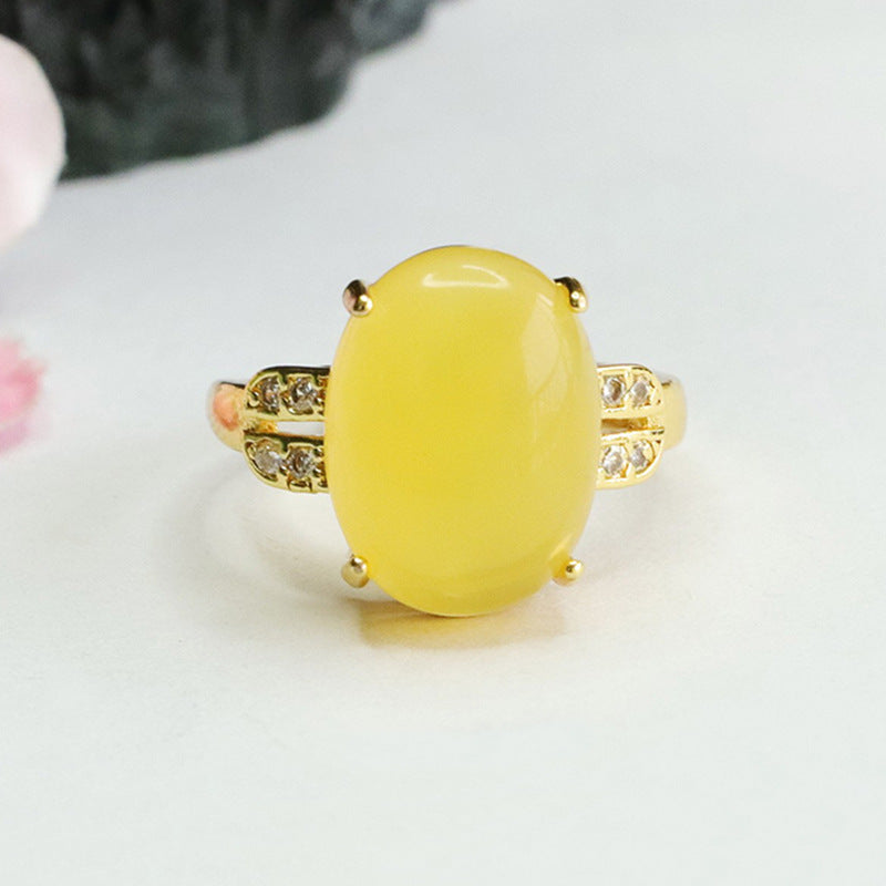 Natural Amber Beeswax Ring with Oval Sterling Silver Setting