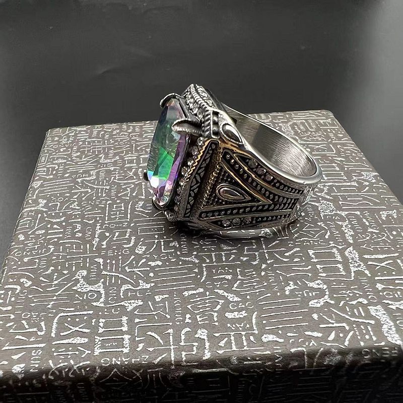 Planderful Titanium Steel Ring For Men Retro Punk Style With Colorful Inlaid Synthetic Gemstones