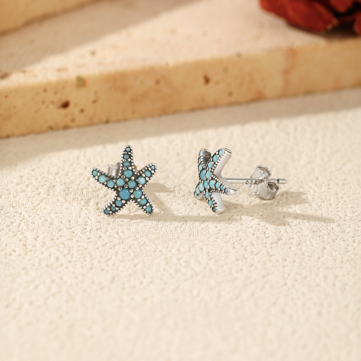 925 Sterling Silver Starfish Turquoise Stud Earrings