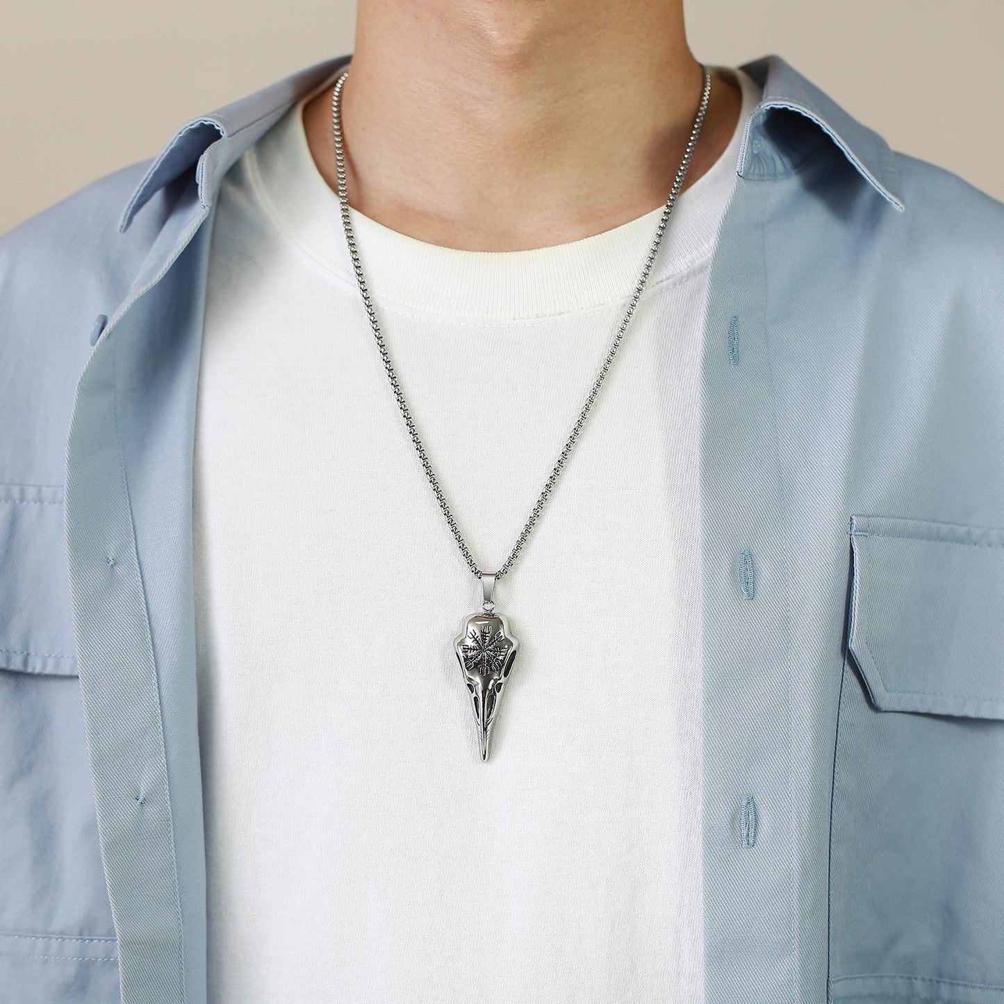 Stainless Steel Viking Crow Skull Pendant Gold Men's Necklace