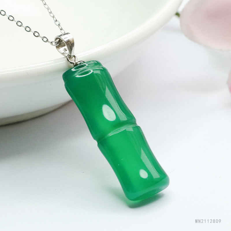 Icy Green Chalcedony Bamboo Silver Pendant — No Chain