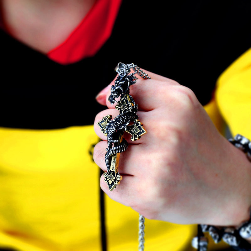 Customizable Men's Titanium Steel Panlong Engraved Cross Pendant - Retro Jewelry Wholesale