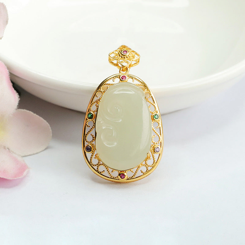 Jade Ruyi Necklace with Sterling Silver Pendant from Hotan