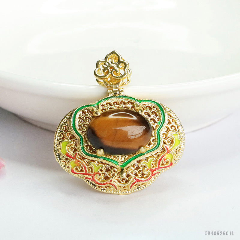 Yellow Tiger Eye Enamel Ruyi Pendant — No Chain