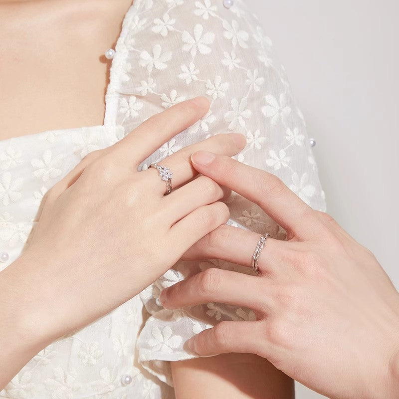 New 925 Sterling Silver Love Heart Four-Leaf Clover Ring