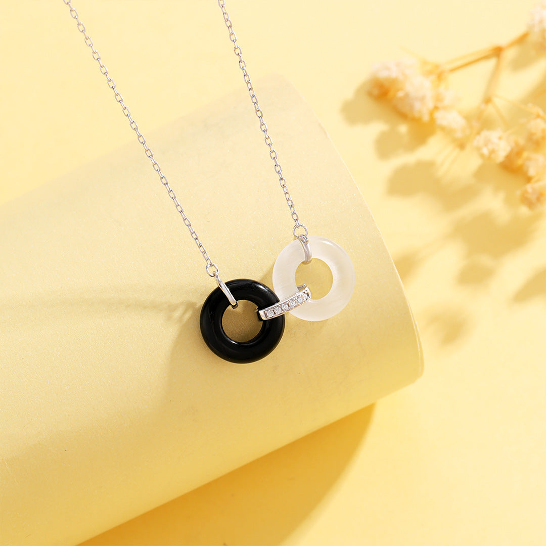 Ins Black And White Double Ring Safety Buckle Necklace Female S925 Sterling Silver Light Luxury High-End Trendy Cool Collarbone Chain
