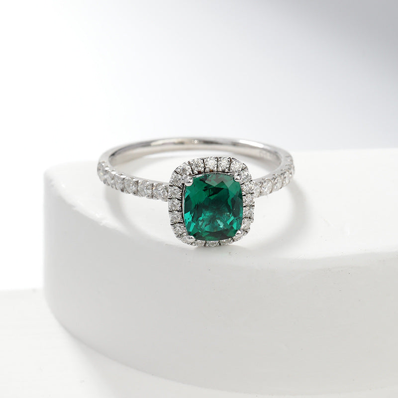 S925 Silver Ring 1.5 Carat Cushion Cut Lab Grown Emerald Halo