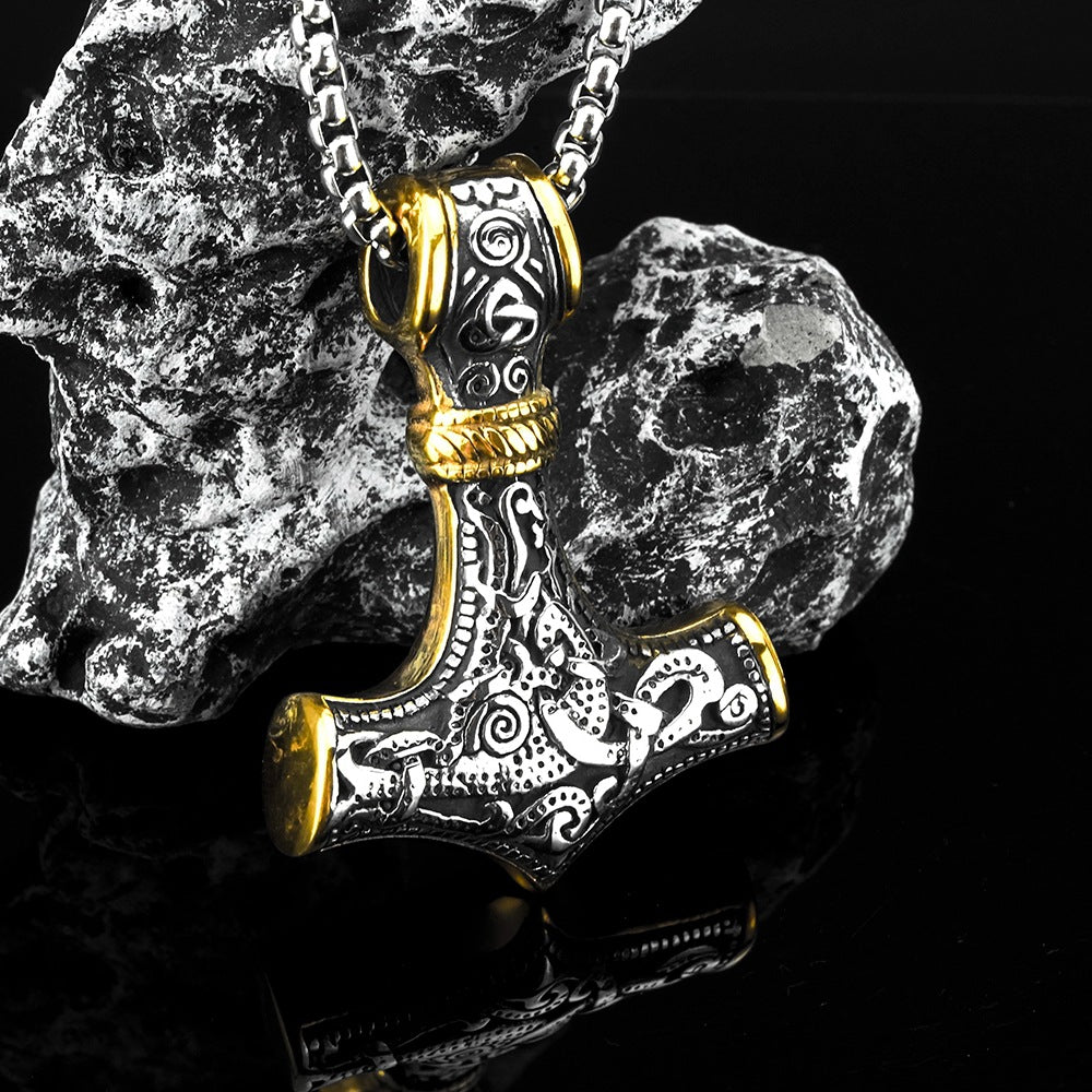 Planderful Thor Hammer Pendant Necklace for Men in Stainless Steel Double Sided Iconic Norse Mythology Jewelry
