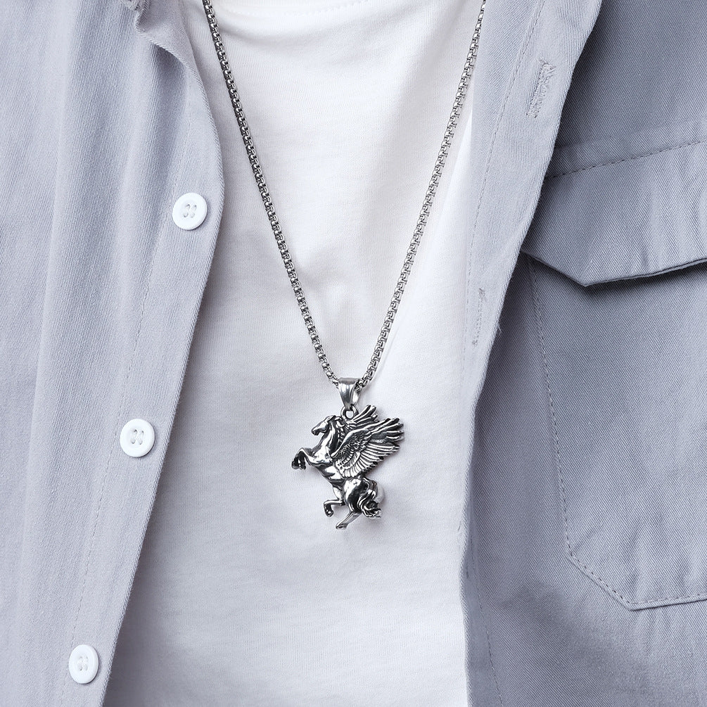 Steel Necklace - Vintage Pegasus Pendant Necklace Inspired By Ancient Greece For Everyday Wear And Modern Style