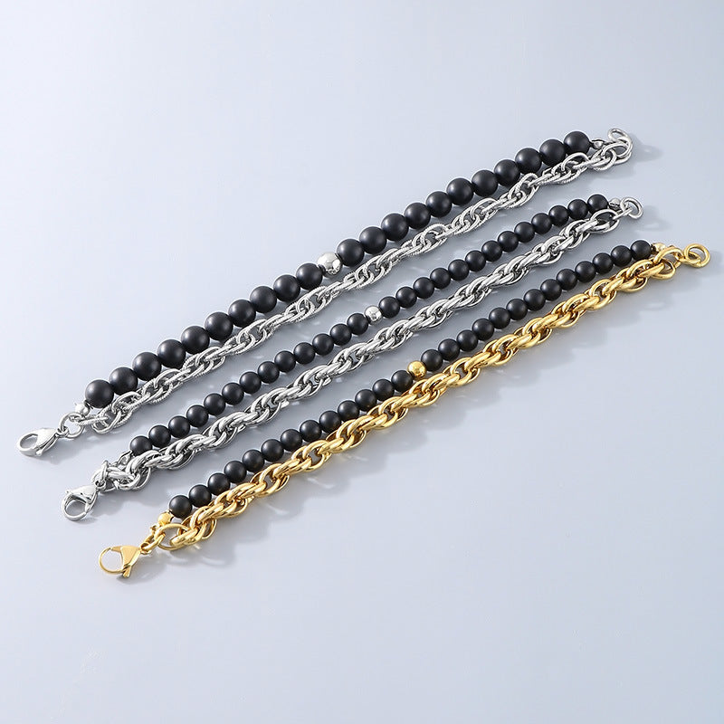 Planderful Black Agate Steel Ball Bracelet Retro Twist Men
