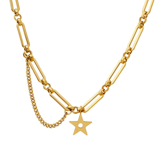 Starry Hollow Five-Pointed Star Tassel Necklace - Women's Titanium Gold-Plated Clavicle Chain
