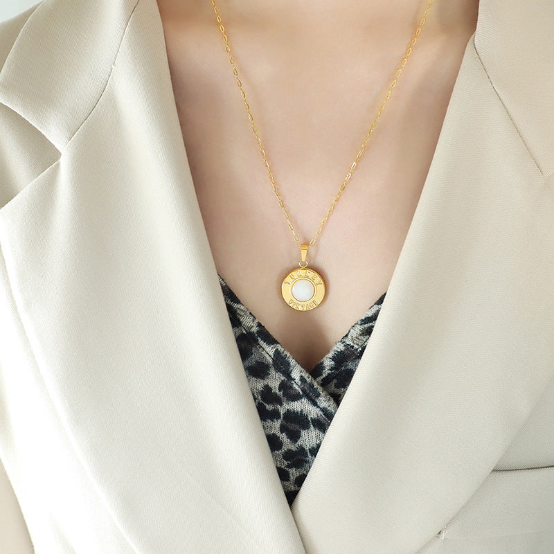 Exquisite White Shell Cat Eye Pendant Necklace with Round English Letter Label - Collarbone Jewelry Accessory