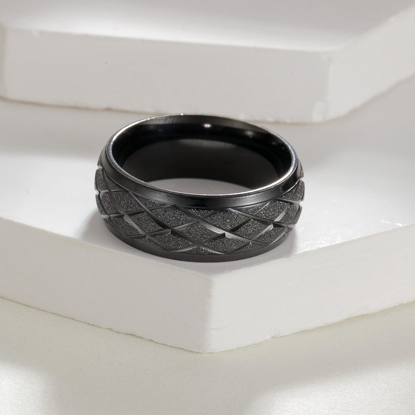 Planderful Everyday Genie Titanium Steel Ring Unisex Matte Rhombus Line Design Statement