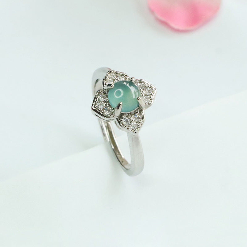 Blue Water Jadeite Prong-Set Four-Petal Flower Ring