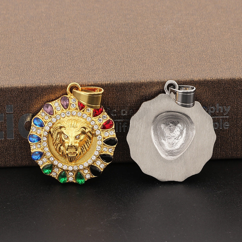 Hip Hop Zircon Lion Head Stainless Steel Pendant for Men - European & American Electroplated Jewelry