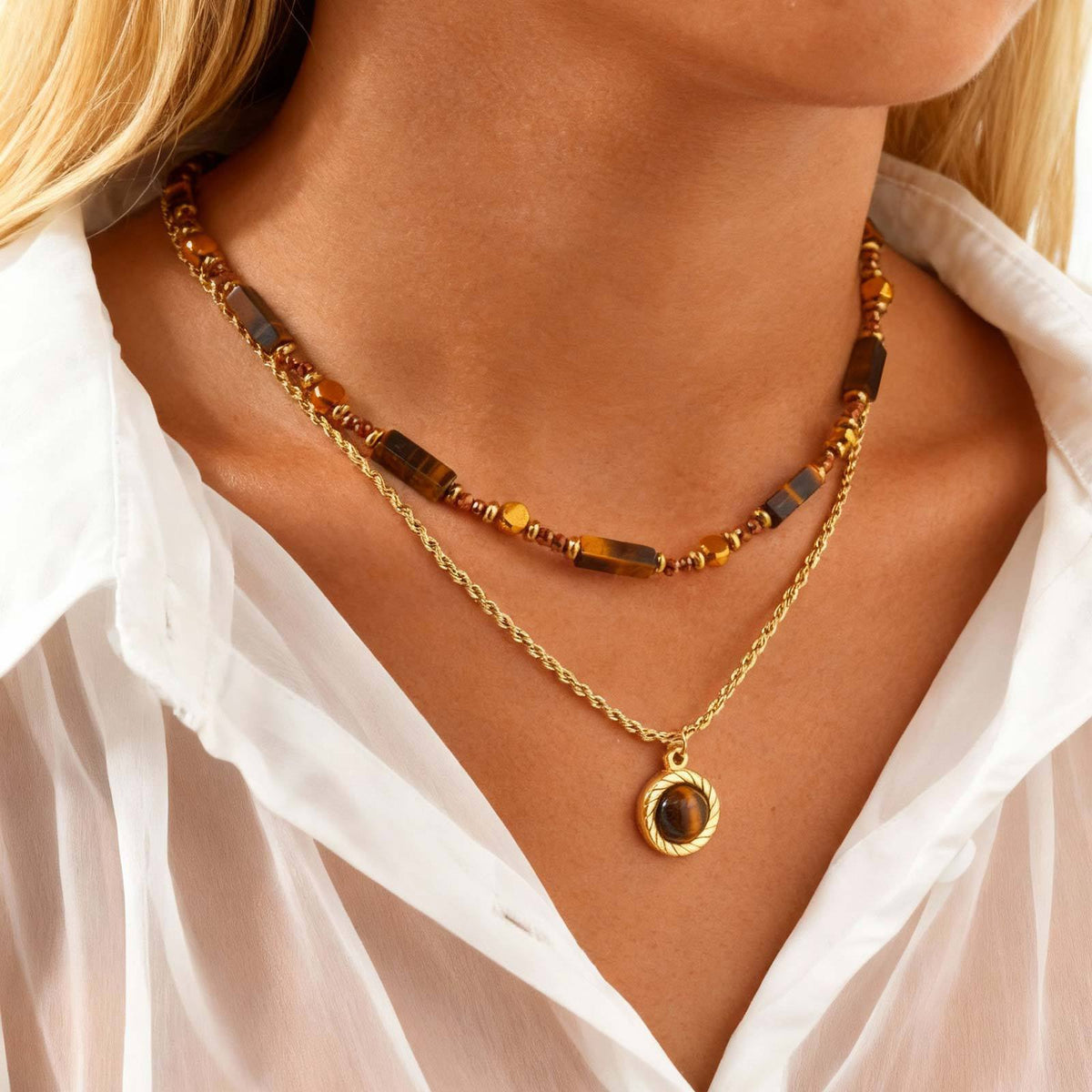 Stainless Steel Stacked Bead Spacer Rectangular Natural Tiger Eye Beaded Twist Chain Oval Necklace