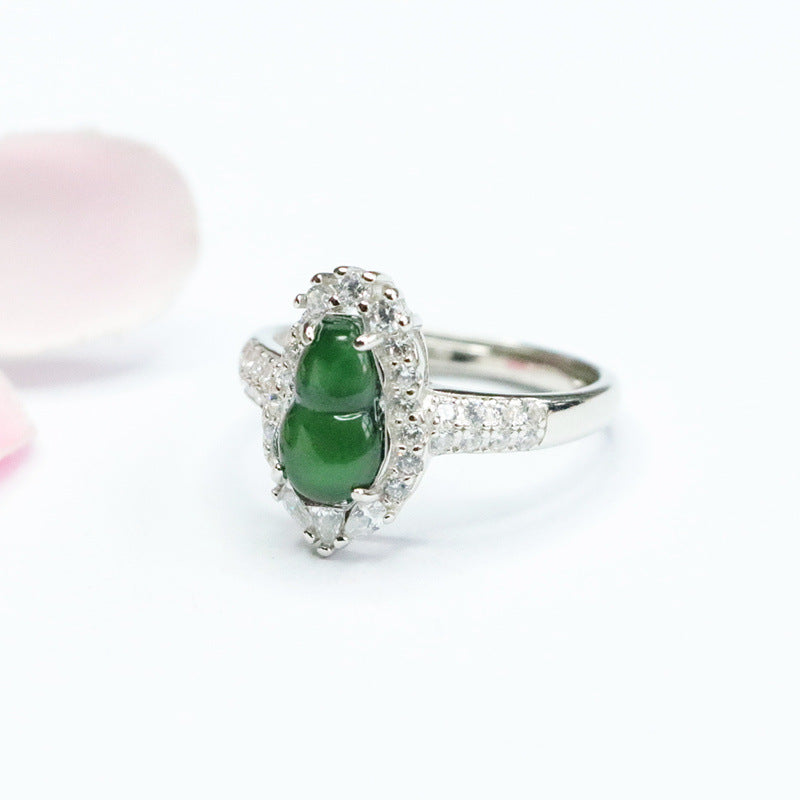 Icy Green Jadeite Gourd 925 Silver Ring
