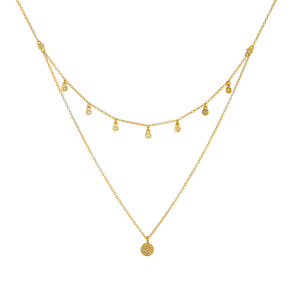 Wind 925 Sterling Silver Double-Layer Necklace Polka Dot Zircon Short