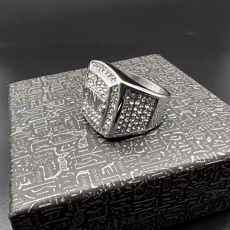 Planderful Everyday Genie Hip Hop Ring Titanium Steel Gold Plated Rhinestone King Mens Ring