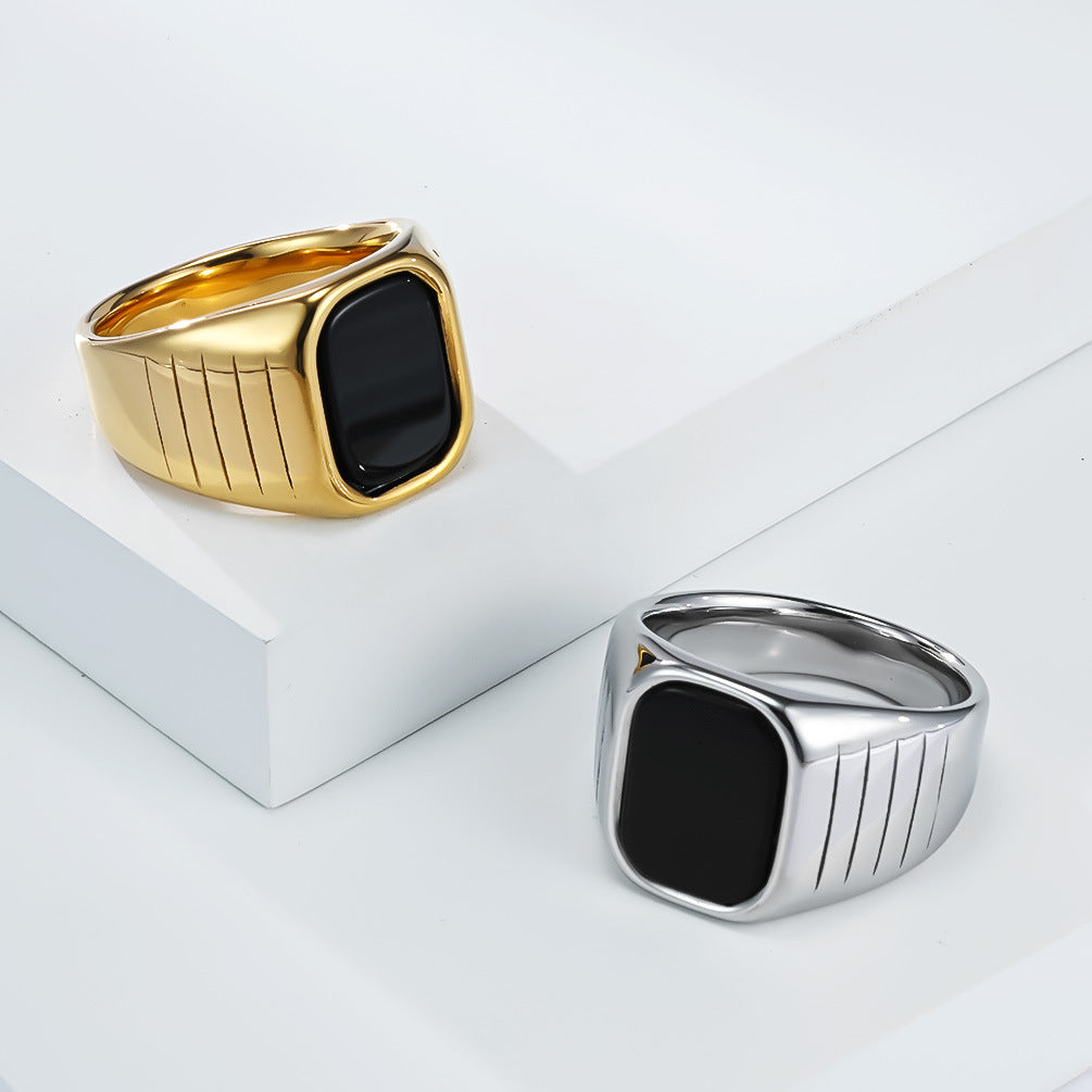 Planderful Men Titanium Steel Ring Black Glass Gem Edition