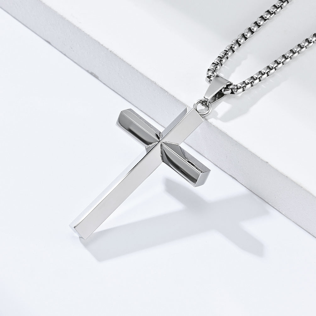 Simple Rhombus Mirror Titanium Steel Cross Necklace for Men