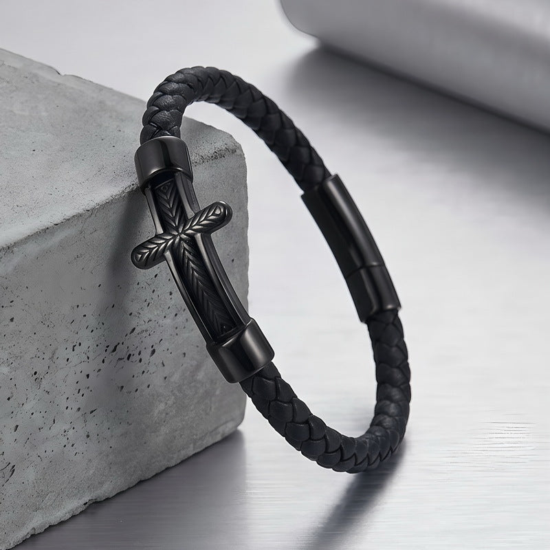 Wheat Ear Cross Curved Bar Woven Leather Bracelet Old Round Stainless Steel