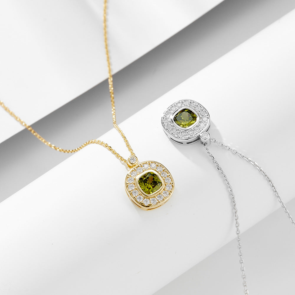 S925 Sterling Silver Square Zircon Pendant Necklace Olivine High Sense